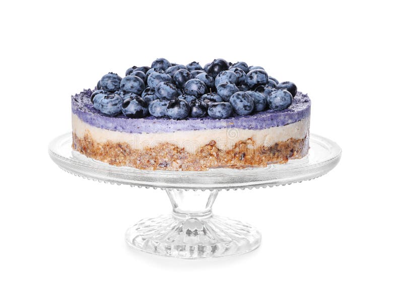 Dessert stand with delicious blueberry cheesecake on white background