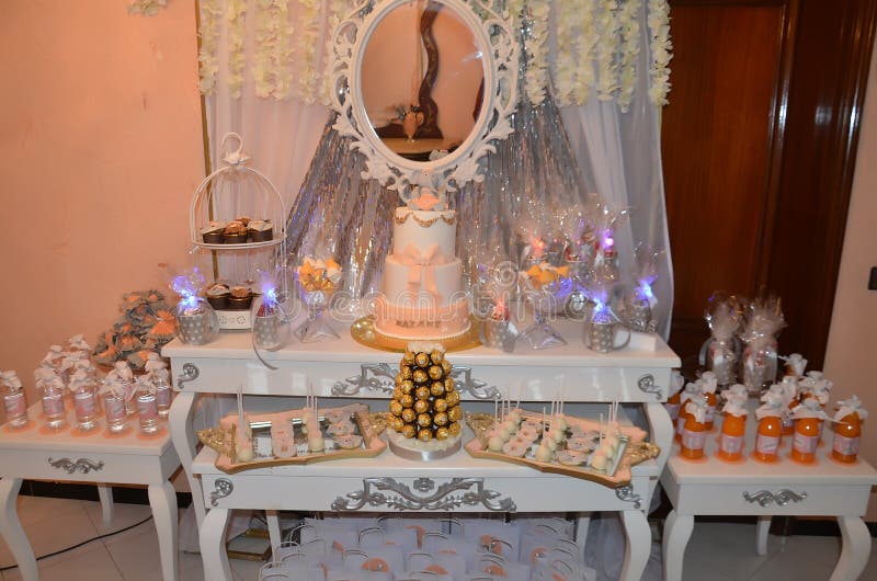 Dessert table with cake and candy for a wedding or party royalty free stock photos