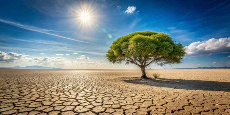 Dessert tree on a dry cracked lake bed under a sunny sky climate change Generative AI royalty free stock photography