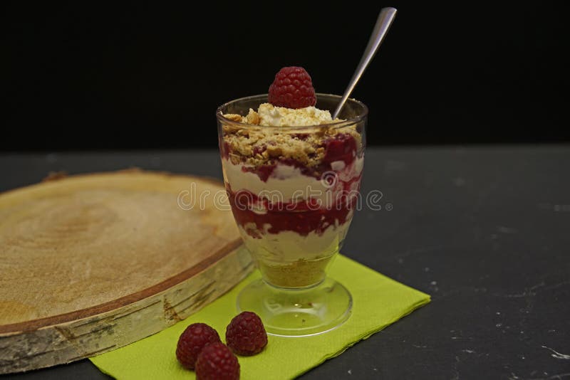 Dessert with Yogurt, Cottage Cheese, Raspberry, Cookies and Cream Stock