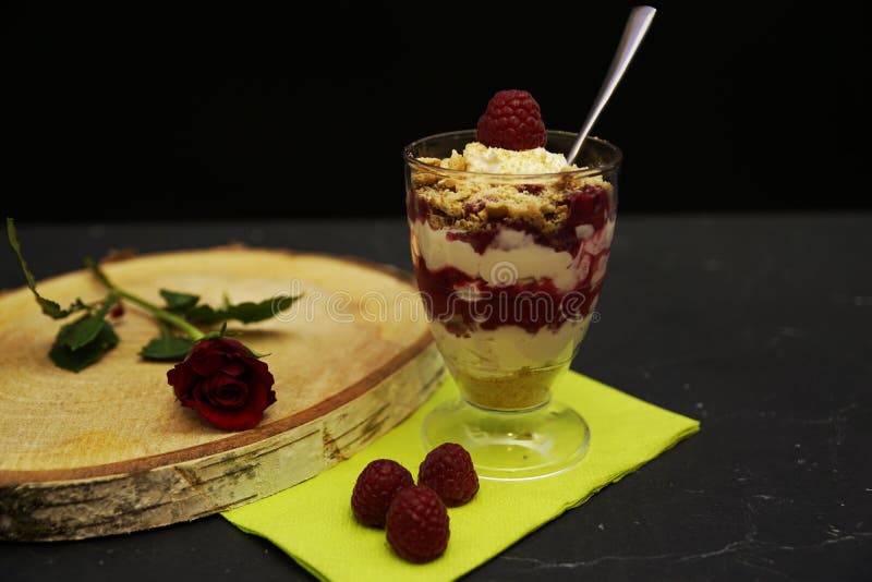 Dessert with Yogurt, Cottage Cheese, Raspberry, Cookies and Cream Stock