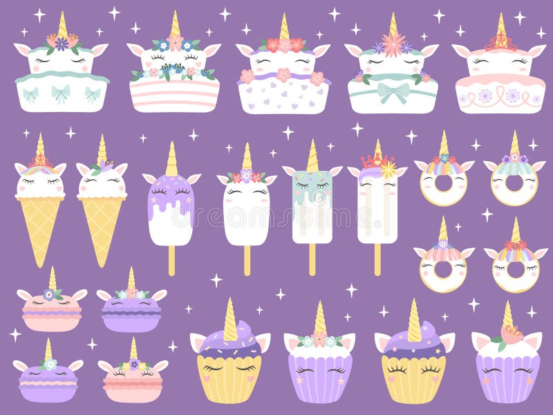 Desserts de licorne Macaron de licornes, petit gâteau et beignet drôles de chocolat de gâteau délicieux de boulangerie Crème glac illustration stock Desserts de licorne Macaron de licornes, petit gâteau et beignet drôles de chocolat de gâteau délicieux de boulangerie Crème glac illustration stock