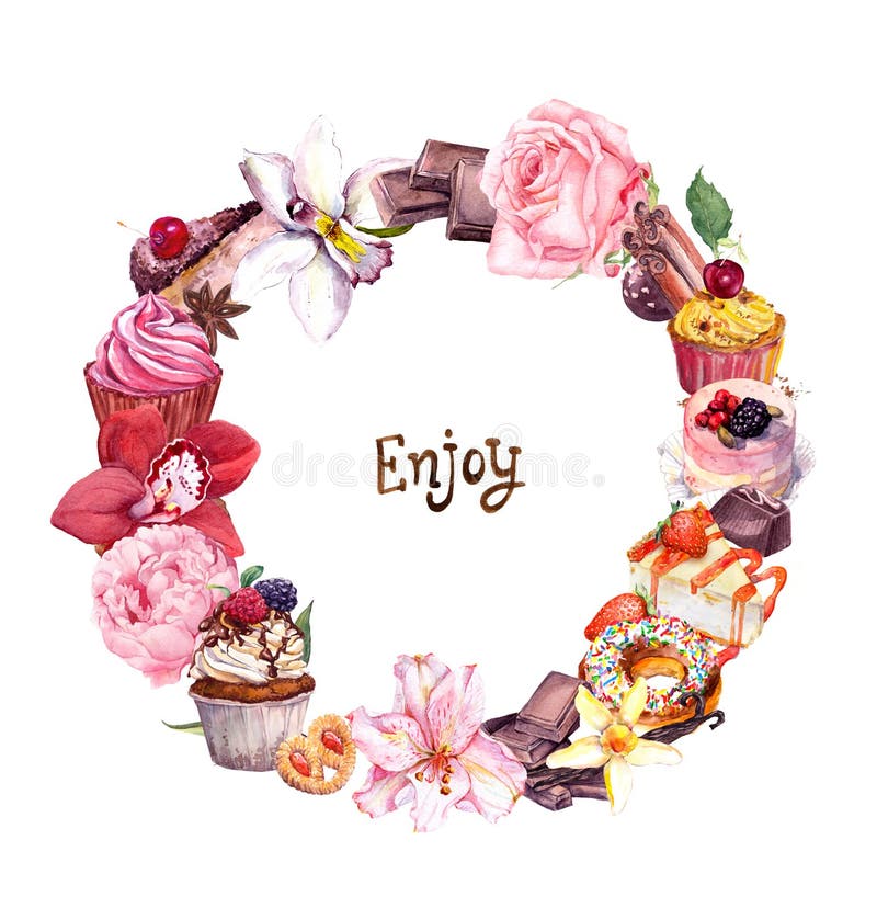 Desserts with enjoy phrase in hand drawn watercolor floral frame