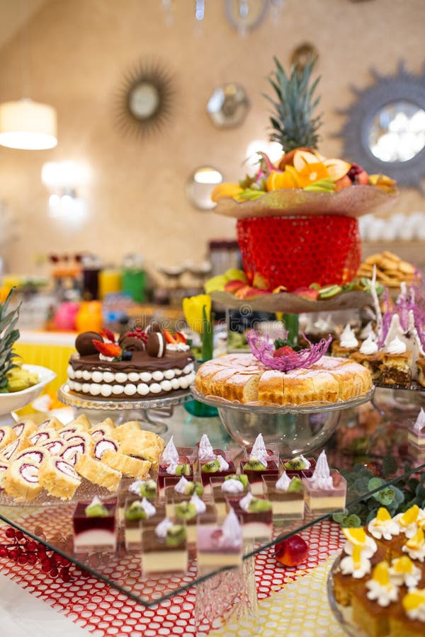 Desserts and Fruit on the Table in the Restaurant at Business Lunch Stock Photo Image of