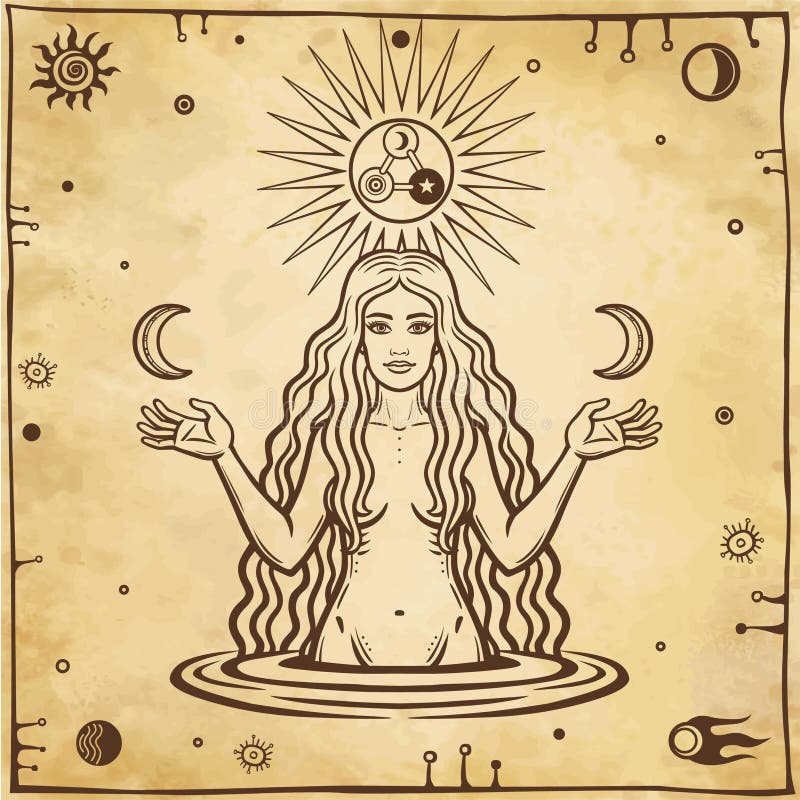 Dessin alchimique : la jeune belle femme juge des lunes disponibles illustration de vecteur Dessin alchimique : la jeune belle femme juge des lunes disponibles illustration de vecteur