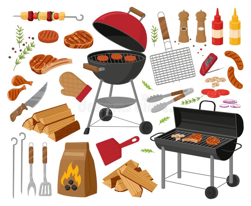 dessin animé barbecue équipement pour pique-nique. été gril fête éléments,  cuisine outils et ustensiles. grillé Viande steaks 23835897 Art vectoriel  chez Vecteezy