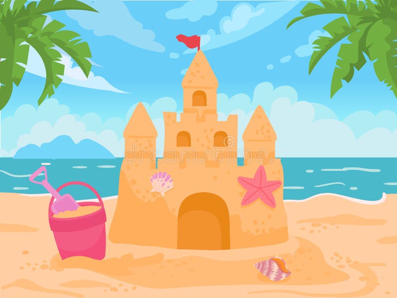 Dessin Animé Château De Sable Seau Et Pelle à La Plage De Mer