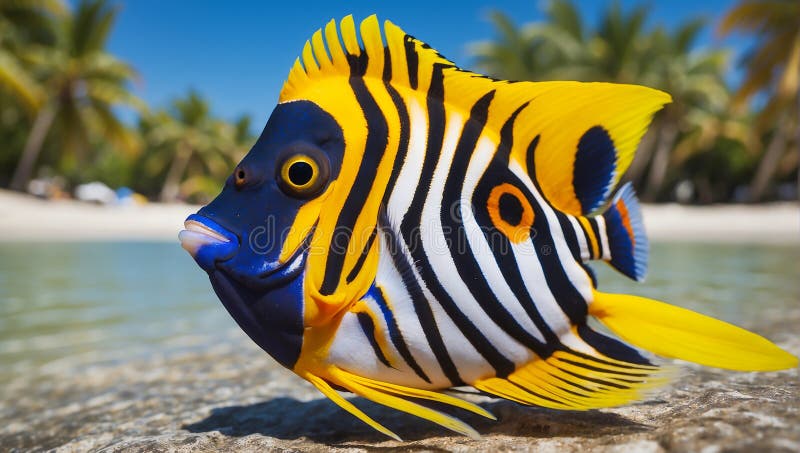 Dessin animé amusant poisson coloré design créatif. Mignon et amusant poisson caricature jouant coloré design créatif