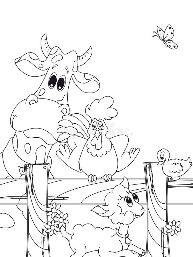 Illustration featuring a black and white outline of farm animal cartoon. Illustration featuring a black and white outline of farm animal cartoon