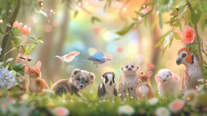 Cute cartoon animals in the forest. 3d render illustration. Cute cartoon animals in the forest. 3d render illustration