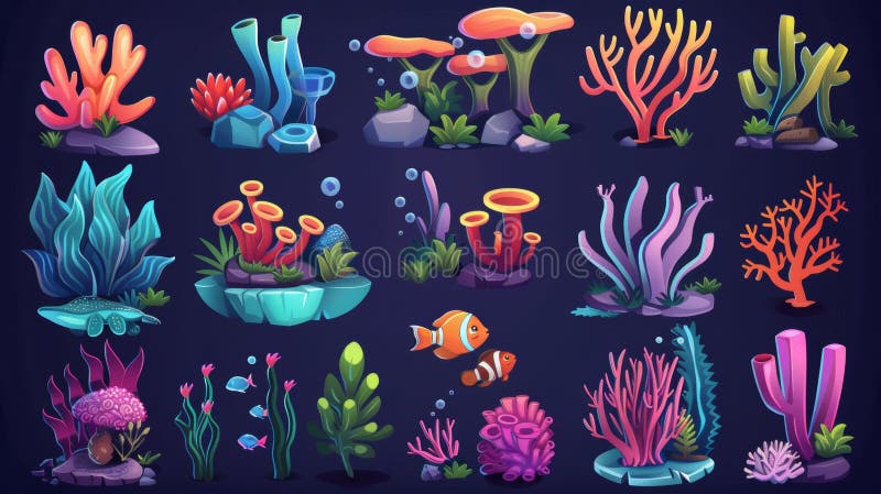 Cartoon underwater world animals and plants. Seaweed, coral, fish, stones, and broken clay pots are part of the set. Underwater plants and animals cartoon modern set.. AI generated. Cartoon underwater world animals and plants. Seaweed, coral, fish, stones, and broken clay pots are part of the set. Underwater plants and animals cartoon modern set.. AI generated