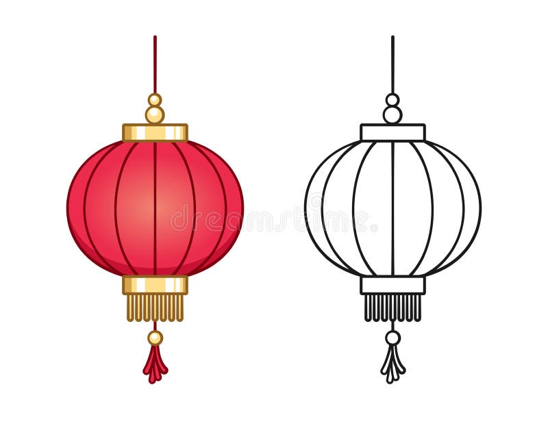 Dessin animé représentant une lanterne et dessin animé représentant un ensemble coloré. lampe rouge asiatique traditionnelle de la illustration libre de droits