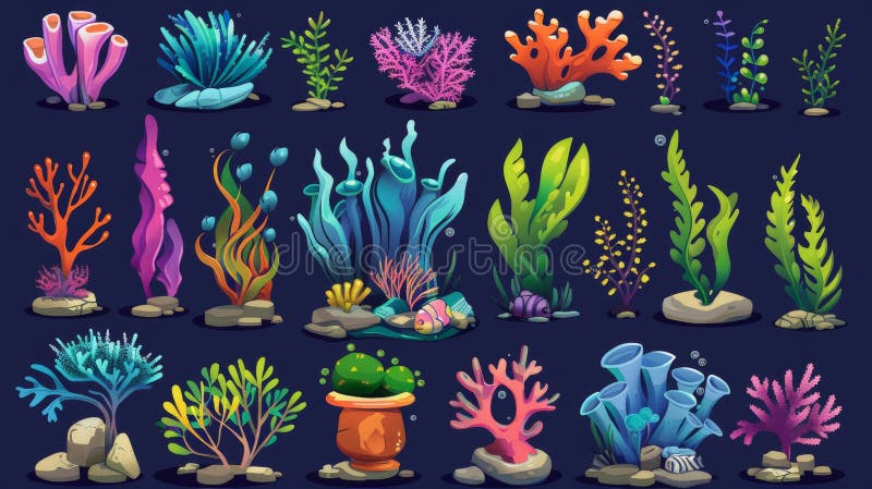 Cartoon seabed design elements - seaweed and corals, fishes, stones and broken clay pot for seabed design. Marine and aquarium seabed elements.. AI generated. Cartoon seabed design elements - seaweed and corals, fishes, stones and broken clay pot for seabed design. Marine and aquarium seabed elements.. AI generated