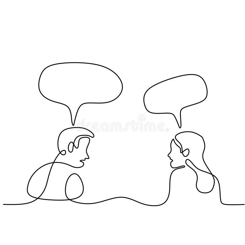 Dessin au trait continu de l'homme et de la femme ayant la conversation avec des bulles de la parole. Jeune séance de couples et a illustration libre de droits