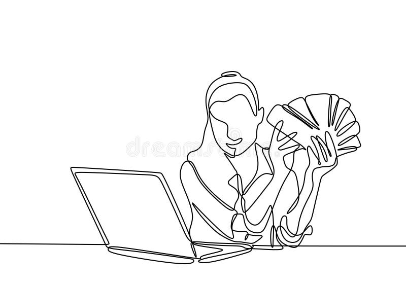 Dessin au trait continu de préposée de bureau montrant son argent avec l'ordinateur portable sur tiré par la main minimaliste de illustration stock Dessin au trait continu de préposée de bureau montrant son argent avec l'ordinateur portable sur tiré par la main minimaliste de illustration stock