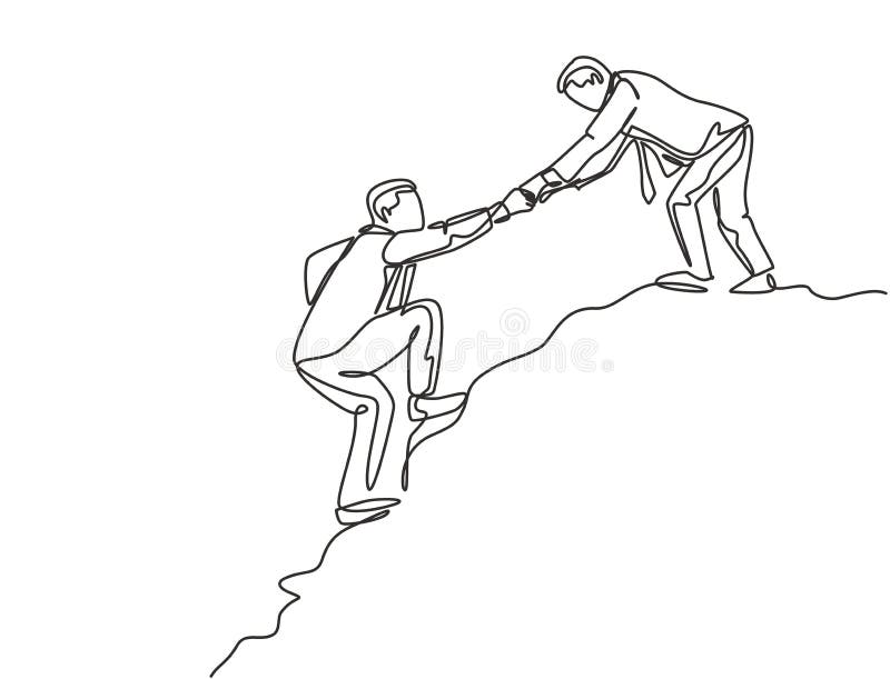 Dessin au trait continu unique du jeune homme d'affaires énergique mâle main dans la main de son partenaire pour aider à escalader