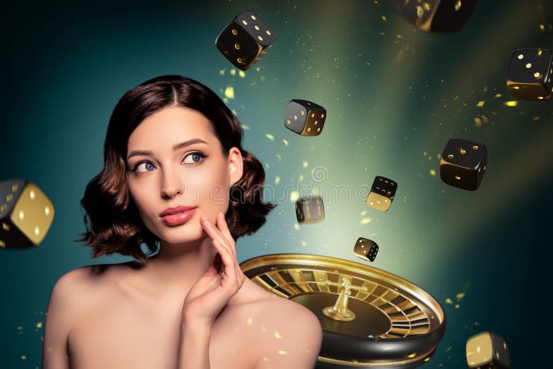 Artwork collage of charming gorgeous girl bright lights effect casino roulette wheel spin flying dice cubes. Artwork collage of charming gorgeous girl bright lights effect casino roulette wheel spin flying dice cubes.