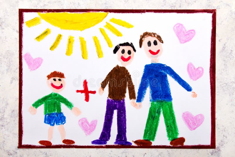 Dessin coloré : Parents gais heureux et son fils adoptif illustration de vecteur Dessin coloré : Parents gais heureux et son fils adoptif illustration de vecteur