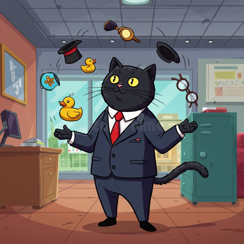 Dessin d'un chat noir vêtu d'un costume et d'une cravate rouge dans un cadre de bureau. Le illustration de vecteur