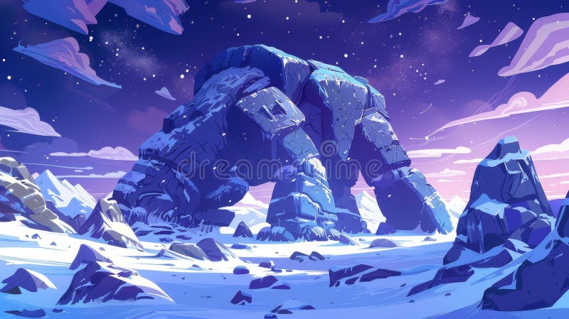 Dessin d'un golem de pierre géant qui snoie à la surface d'une planète extraterrestre. illustration d'un art fantastique illustration libre de droits