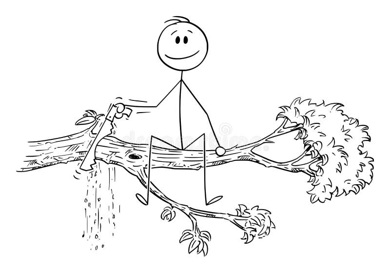 Vector cartoon stick figure drawing conceptual illustration of man or businessman cutting with saw the tree branch on which he is sitting. Vector cartoon stick figure drawing conceptual illustration of man or businessman cutting with saw the tree branch on which he is sitting.