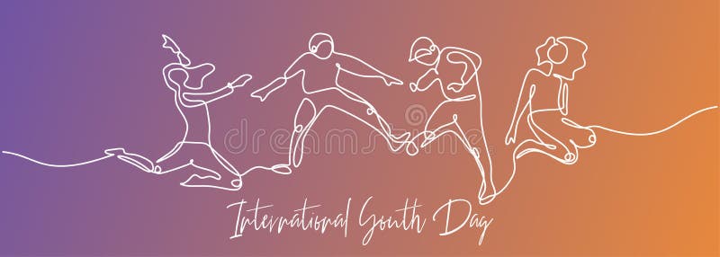 Dessin d'une ligne de personnes saute pour la Journée internationale de la jeunesse Série de conception linéaire unique à main co illustration stock Dessin d'une ligne de personnes saute pour la Journée internationale de la jeunesse Série de conception linéaire unique à main co illustration stock