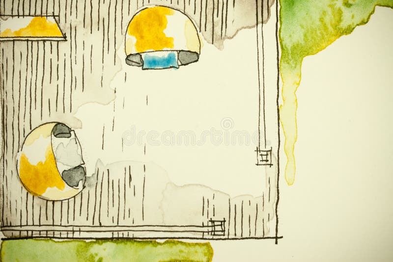 Dessin de croquis à main levée d'encre d'aquarelle de plan d'étage partiel de maison comme peinture d'aquarell montrant le coin d illustration libre de droits Dessin de croquis à main levée d'encre d'aquarelle de plan d'étage partiel de maison comme peinture d'aquarell montrant le coin d illustration libre de droits