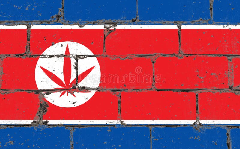 Dessin de jet d'art de rue de graffiti sur le pochoir Feuille de cannabis sur le mur de briques avec le drapeau DPRK photographie stock Dessin de jet d'art de rue de graffiti sur le pochoir Feuille de cannabis sur le mur de briques avec le drapeau DPRK photographie stock
