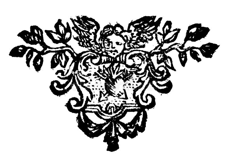Dessin de vecteur de cru ou gravure de la conception florale antique de décoration d'Angel Holding Sign avec le coeur illustration de vecteur Dessin de vecteur de cru ou gravure de la conception florale antique de décoration d'Angel Holding Sign avec le coeur illustration de vecteur