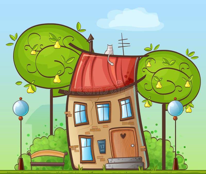 Dessin drôle de bande dessinée - maison dans la cour avec des arbres, des réverbères et des bancs illustration stock Dessin drôle de bande dessinée - maison dans la cour avec des arbres, des réverbères et des bancs illustration stock