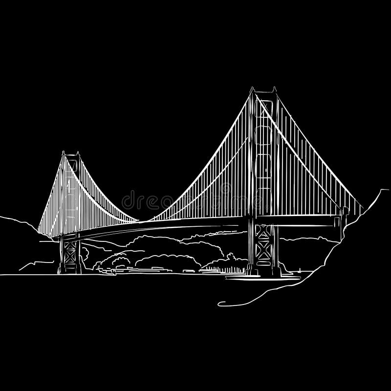 Golden Gate Bridge drawing . Black and white hand drawn illustration. Icon sign for print and labelling. Golden Gate Bridge drawing . Black and white hand drawn illustration. Icon sign for print and labelling