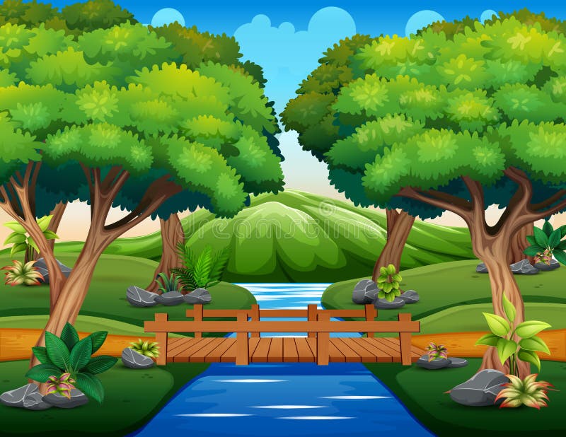 Dessin du petit pont de bois dans les bois illustration libre de droits