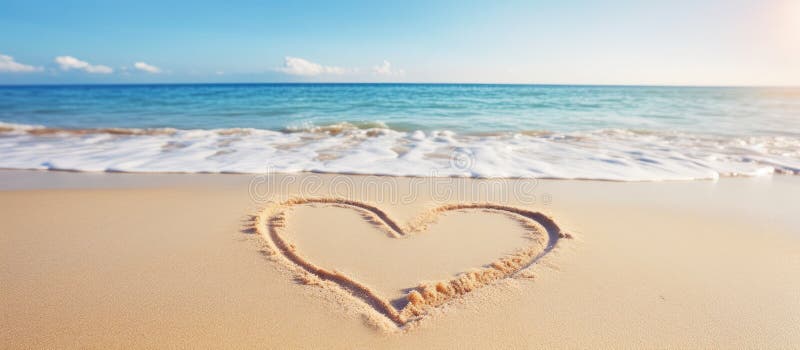 A heart is drawn in the sand on a tranquil beach, with azure water reflecting the sky and fluffy clouds overhead, creating a serene landscape AI generated. A heart is drawn in the sand on a tranquil beach, with azure water reflecting the sky and fluffy clouds overhead, creating a serene landscape AI generated