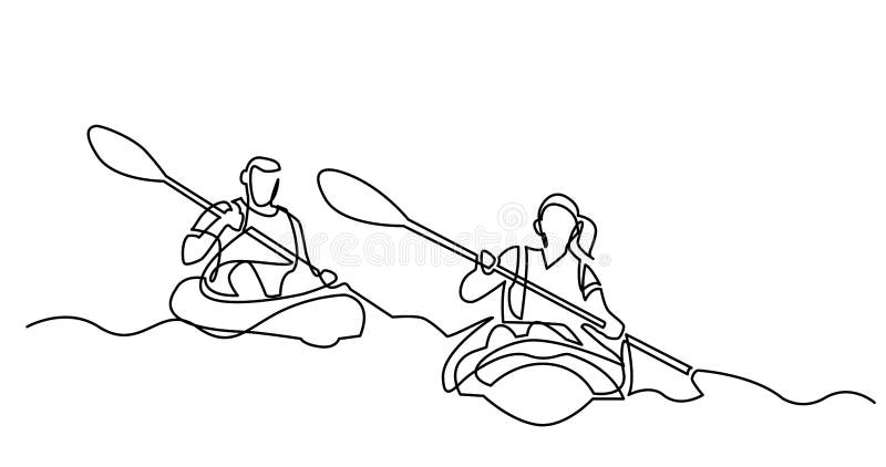 Dessin en ligne continu de joyeux kayak de couple sur le lac