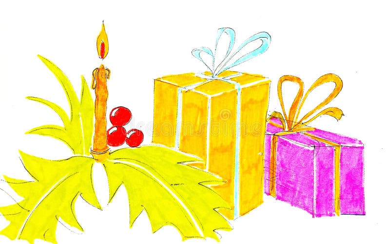 Dessin fait main de couleur d'une bougie et d'un certain cadeau illustration de vecteur Dessin fait main de couleur d'une bougie et d'un certain cadeau illustration de vecteur