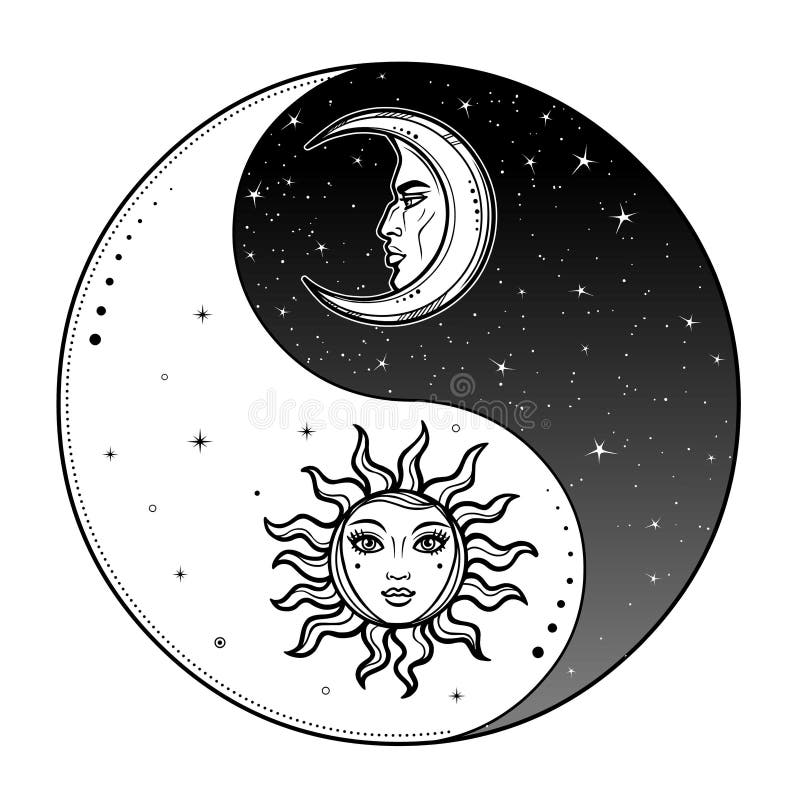 Dessin mystique : Soleil et lune stylisés avec le visage humain, jour et nuit