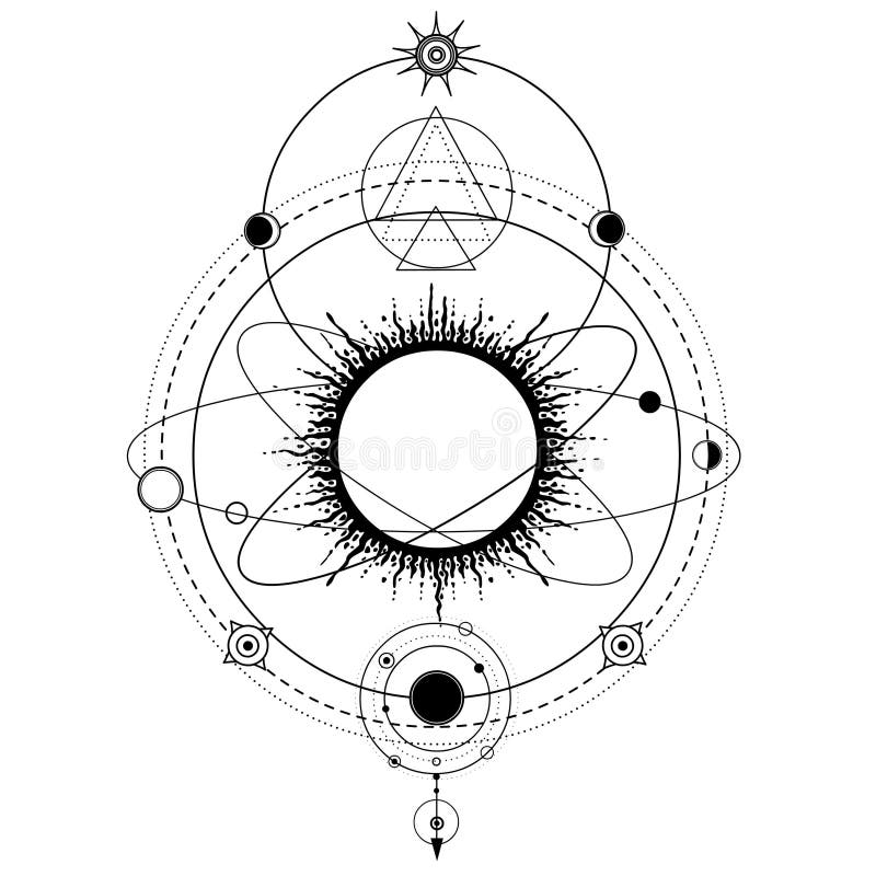 Dessin mystique : système solaire stylisé, orbites de planètes, symboles spatiaux