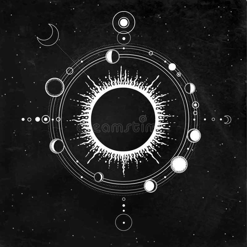 Dessin mystique : système solaire stylisé, phases de lune, orbites de planètes, cercle énergétique Géométrie sacrée