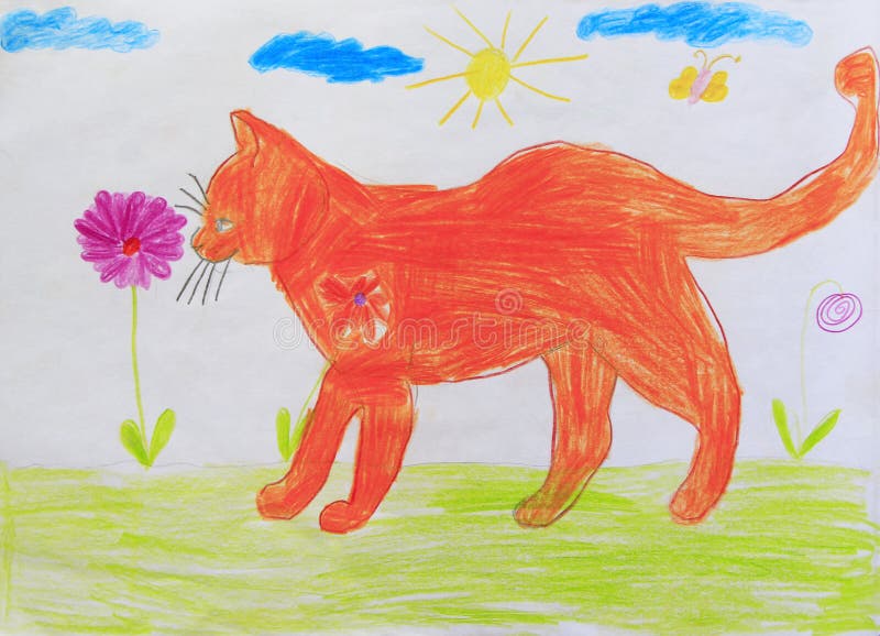 Dessin puéril de chat rouge drôle Imagination d'enfant illustration de vecteur Dessin puéril de chat rouge drôle Imagination d'enfant illustration de vecteur