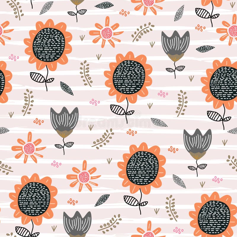 Dessin scandinave de modèle sans couture mignon de fleurs d'illustration puérile tirée par la main de vecteur de style de fleur d illustration stock