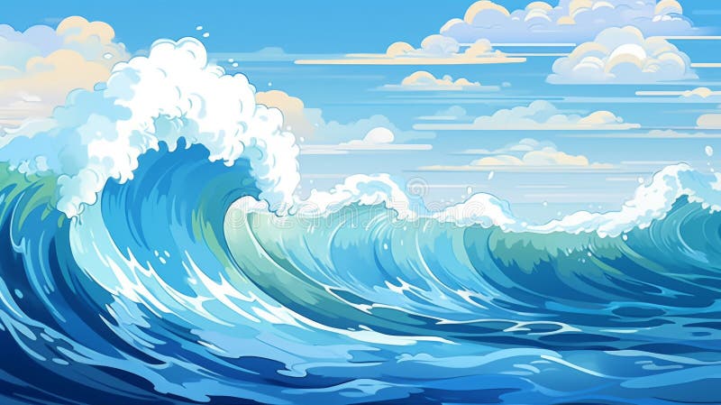 Dessin simple illustration de vagues bleues de l'océan avec des blancs. vidéo en boucle transparente fond virtuel animé. ai généré illustration de vecteur