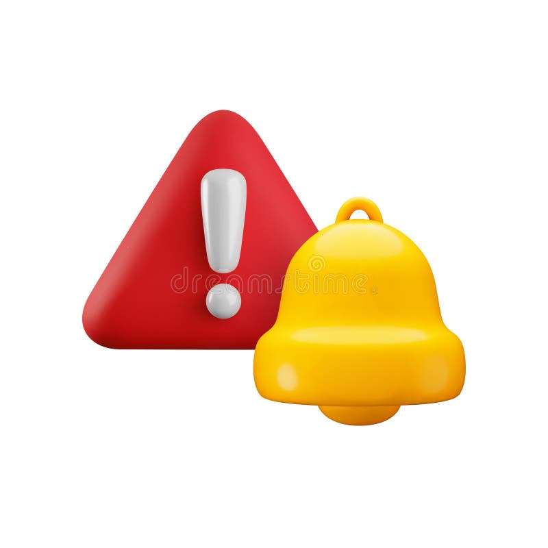 Dessin vectoriel 3d attention signal de notification de cloche. joli rendu réaliste de la cloche d'or et du signe d'avertissement. joli rendu réaliste sonnerie or et signe d'avertissement triangle rouge avec point d'exclamation. signal de danger. avertissement icône 3d urgente pour app web.