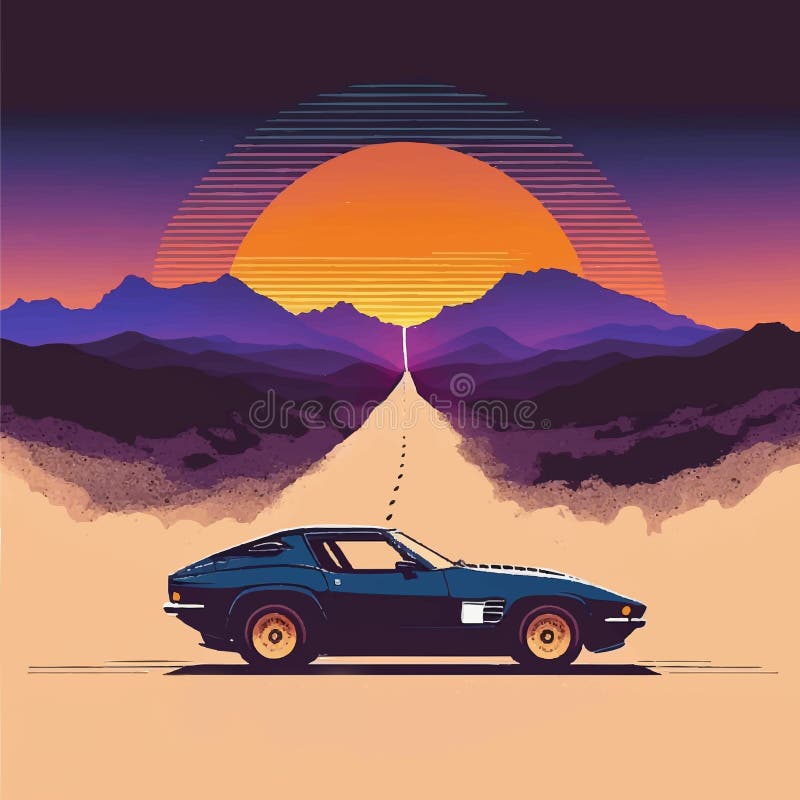 Dessin vectoriel illustration d'une voiture classique des années 80 à travers la route du désert illustration de vecteur