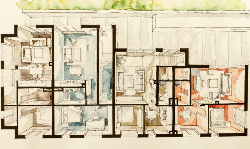 Dessin à main levée du dimentional 3D du croquis trois d'aquarelle et d'encre de condominium plat de plan d'étage d'appartement illustration libre de droits Dessin à main levée du dimentional 3D du croquis trois d'aquarelle et d'encre de condominium plat de plan d'étage d'appartement illustration libre de droits