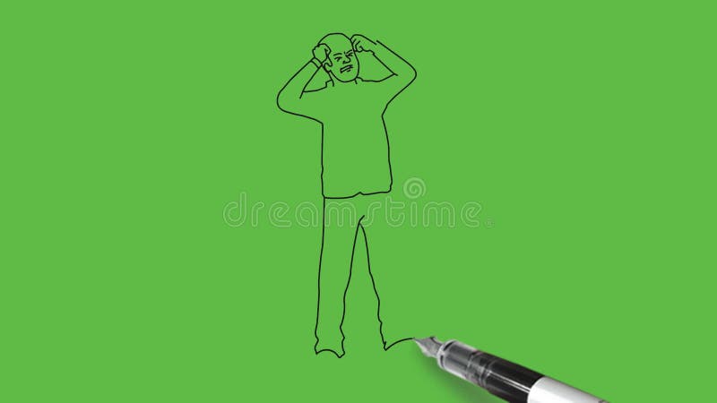 Dessiner jeune garçon debout avec casquette tenir ses poings sur le front avec chemise bleue pantalon gris et chaussures marron su illustration libre de droits
