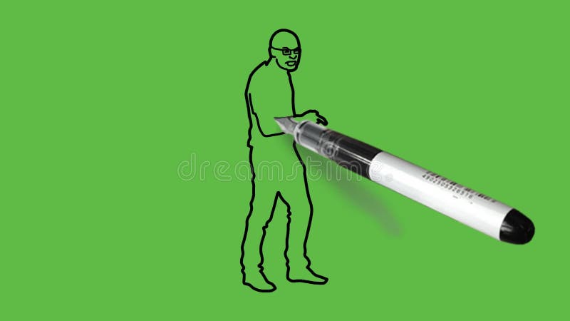 Dessiner jeune homme debout tête chauve avec lunettes pointées droit avec index droit portant pantalon chemise bleue illustration stock