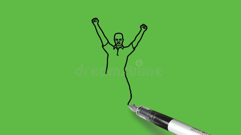 Dessiner jeune homme intelligent chauve sauter de joie tenir les deux mains en l'air avec les poings portant des lunettes pantalon illustration de vecteur