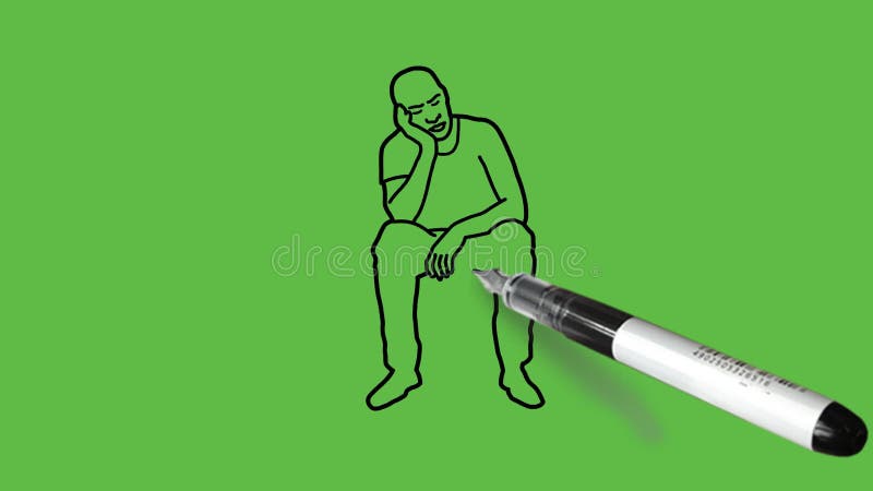 Dessiner le jeune homme intelligent chauve assis sur le box tenir main droite sur la joue et lunettes dans la main gauche portant illustration stock