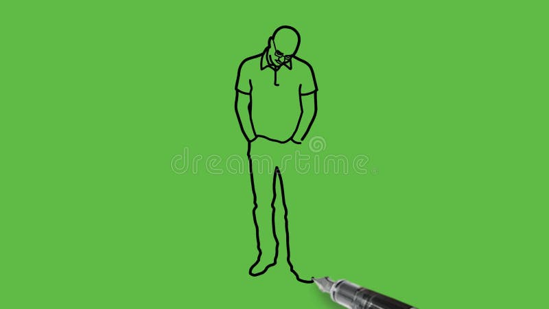 Dessiner un jeune homme intelligent chauve debout se plier la tête vers le bas et tenir la main dans les poches avant en portant u illustration stock