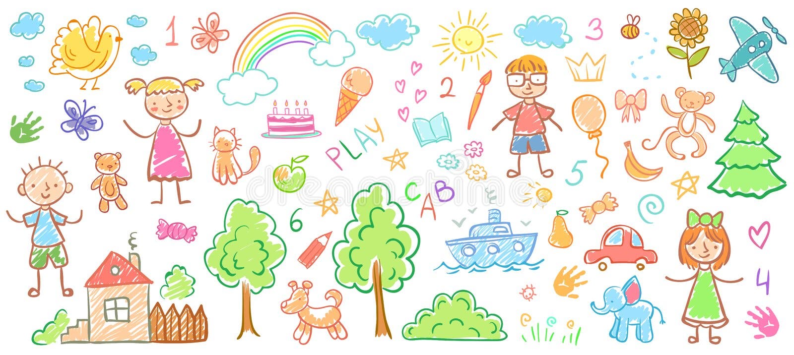 Dessins d'enfant Les enfants gribouillent des peintures, les enfants crayonnent le dessin et l'illustration tirée par la main de Dessins d'enfant Les enfants gribouillent des peintures, les enfants crayonnent le dessin et l'illustration tirée par la main de